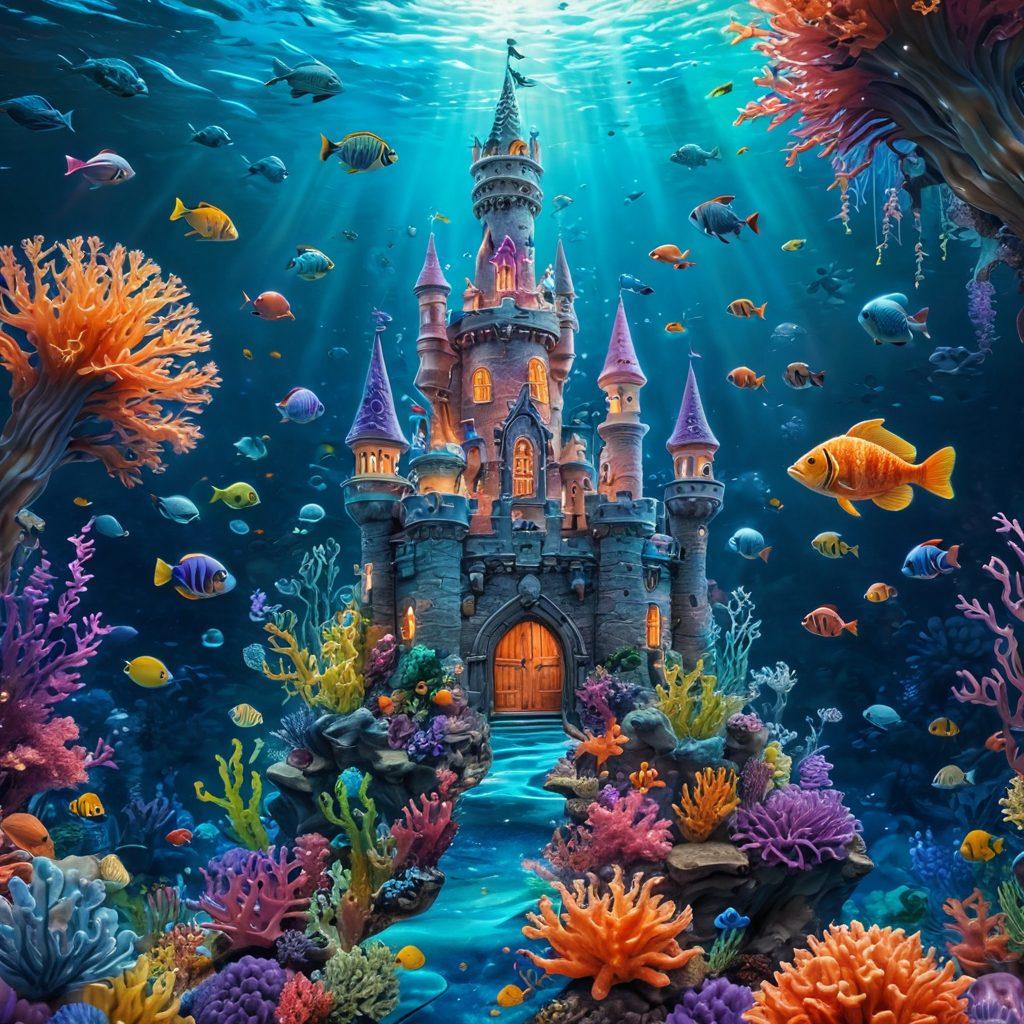 A whimsical underwater scene featuring vibrant, colorful sea creatures with exaggerated features, playful expressions, and animated textures, swirling around a fantastical underwater castle. Include whimsical characters engaging in playful activities, surrounded by shimmering bubbles and glowing coral reefs. The atmosphere should be dreamy and enchanting, evoking a sense of wonder and joy. 3D. vibrant colors. fantasy art.